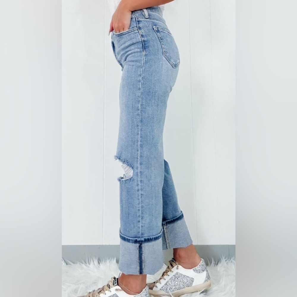 Blue Cuffed Distressed Women Jeans - Picture 2 of 7